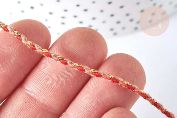 Cordon tressé orange clair et foncé fil doré 1.5mm-2mm, scrapbooking, x 1Mètre (G7470)