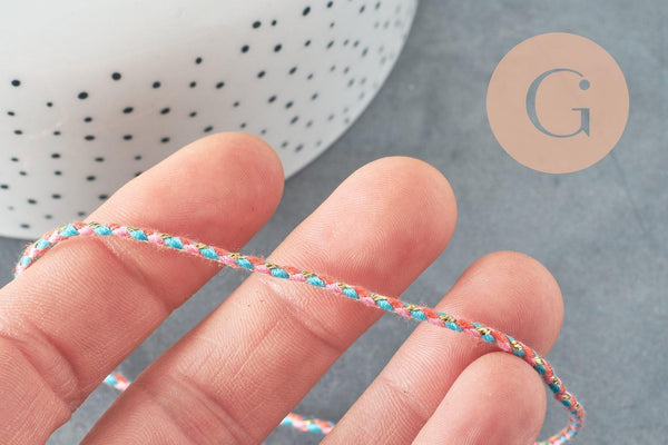 Cordon tressé rose bleu corail fil doré 2mm, x1 mètre (G5809)