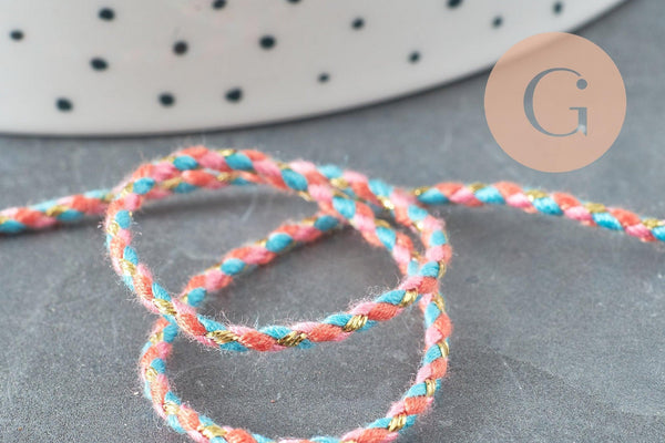 Cordon tressé rose bleu corail fil doré 2mm, x1 mètre (G5809)