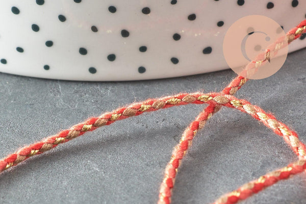 Cordon tressé rouge fil doré 2mm, x1 mètre (G5810)