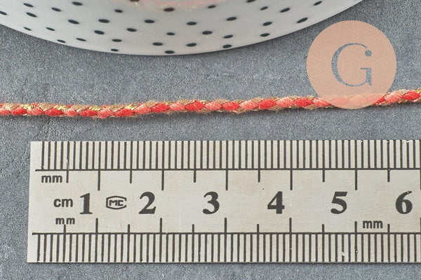 Cordon tressé rouge fil doré 2mm, x1 mètre (G5810)
