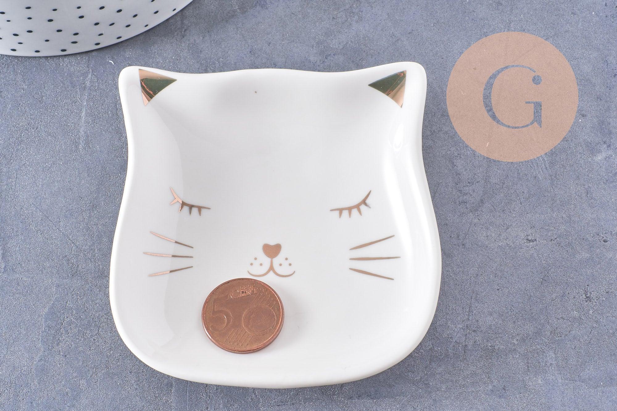 Coupelle présentoir à bijoux tête de chat porcelaine blanche et or 85mm, x1 (G10330)