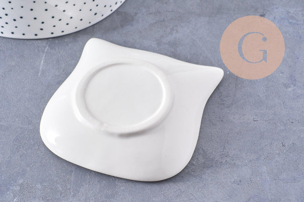 Coupelle présentoir à bijoux tête de chat porcelaine blanche et or 85mm, x1 (G10330)