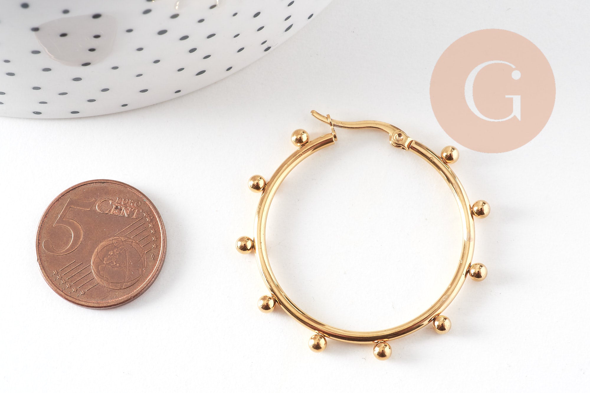 Créoles acier doré boules, bijoux doré,oreille percée,sans nickel, boucles acier, 42.5mm la paire (G4215)