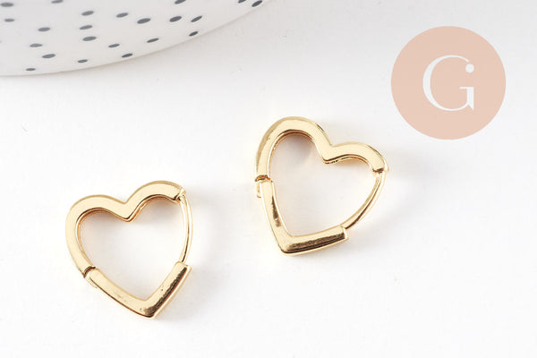 Créoles coeur bijoux laiton doré 18K sans nickel 16.5mm, la paire (G3720)