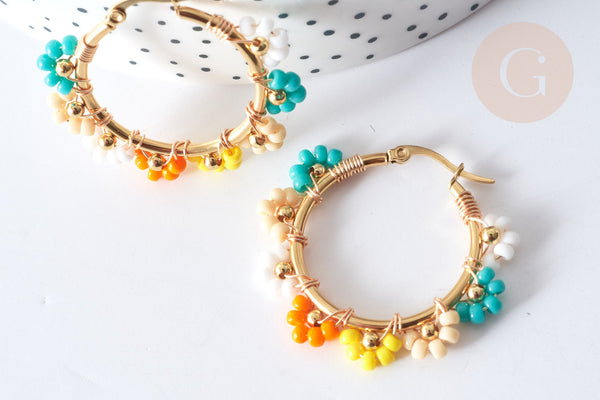 Créoles fleur rocaille multicolore acier 304 doré 40mm, idée cadeau femme, la paire, (G8008)