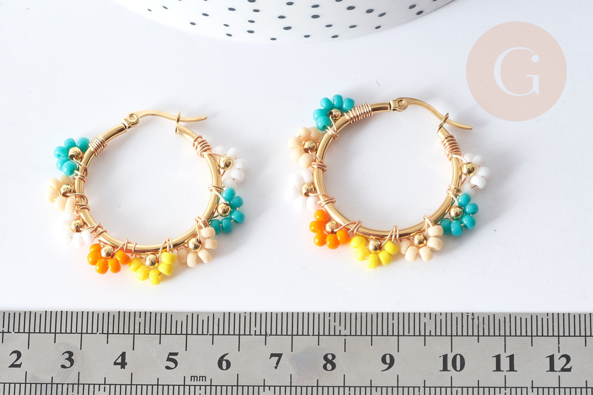 Créoles fleur rocaille multicolore acier 304 doré 40mm, idée cadeau femme, la paire, (G8008)