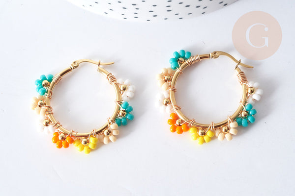 Créoles fleur rocaille multicolore acier 304 doré 40mm, idée cadeau femme, la paire, (G8008)