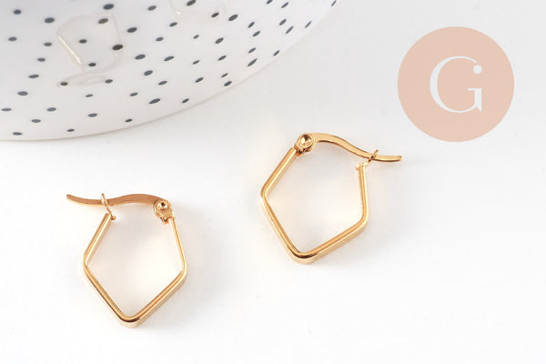 Créoles géométrique acier doré, boucles losange,sans nickel, boucles acier, 16mm, la paire (G2325)
