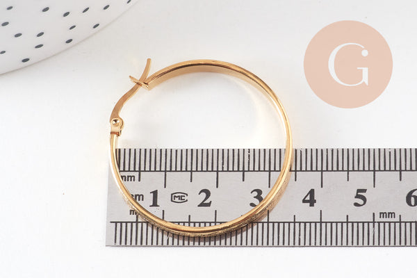 Créoles gravées acier doré, oreille percée,sans nickel, boucles acier, 35mm, la paire (G0761)
