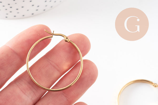 Créoles gravées acier doré, oreille percée,sans nickel, boucles acier, 35mm, la paire (G0761)