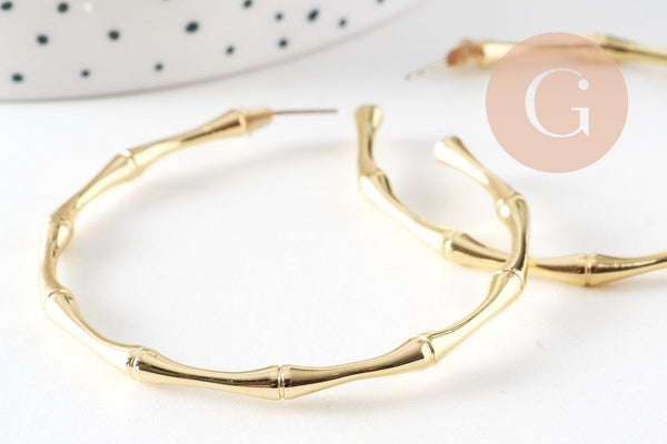 Créoles laiton doré 18k ouverte bambou 52.5mm, bijoux doré et argent 925, la paire (G4783)