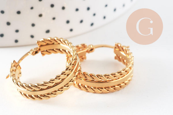 Créoles larges acier doré, oreille percée,sans nickel, boucles sans nickel, boucles acier, 27mm la paire (G0213)