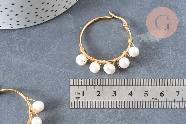 Créoles perles eau douce,acier inoxydable doré 41mm, bijoux acier inoxydable,sans nickel, oreille percée, boucles acier, la paire (G6851)