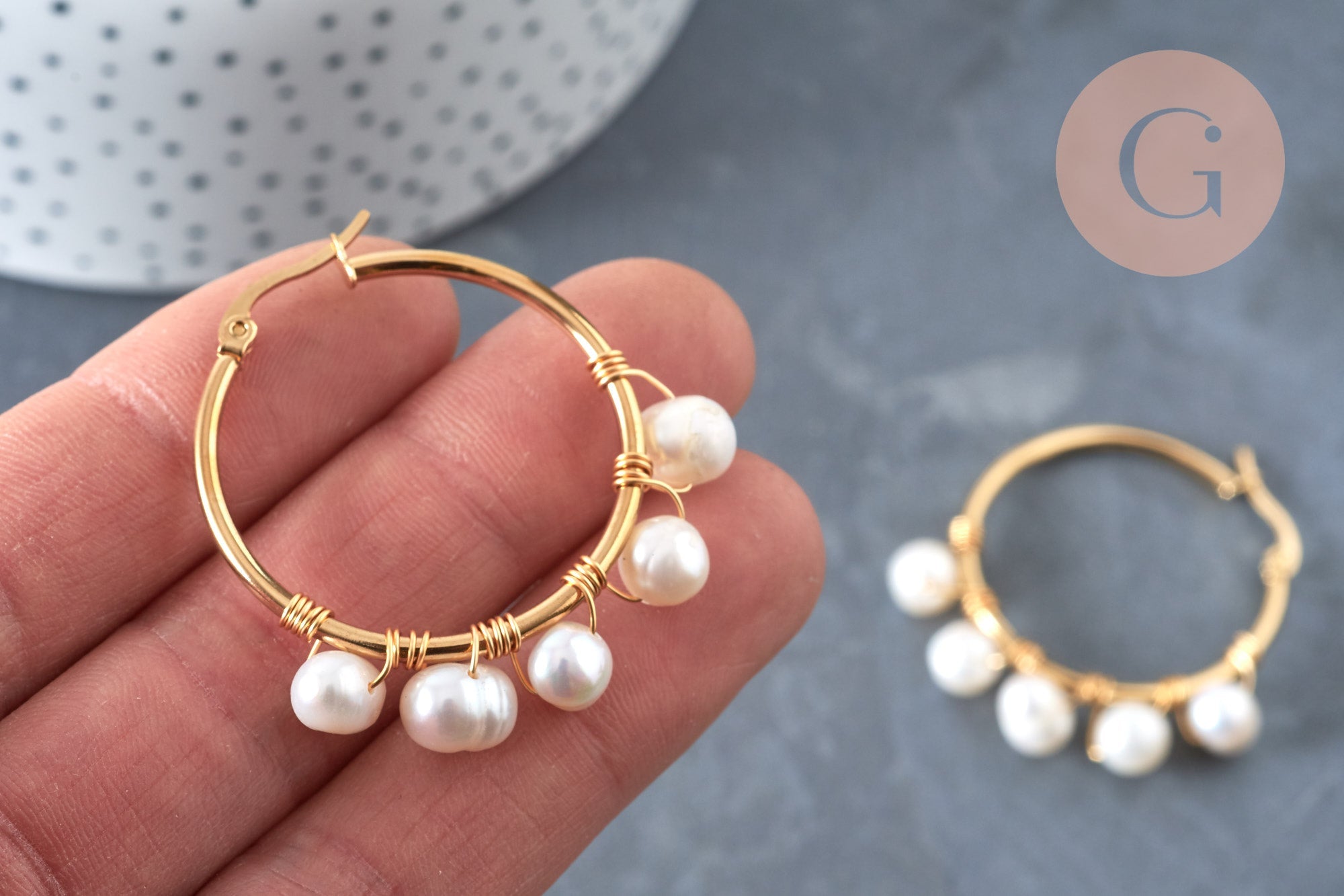 Créoles perles eau douce,acier inoxydable doré 41mm, bijoux acier inoxydable,sans nickel, oreille percée, boucles acier, la paire (G6851)