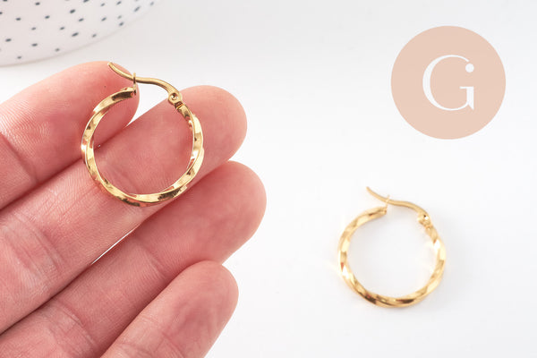 Créoles torsadées acier doré, bijoux doré, oreille percée,sans nickel, boucles acier, 25mm, la paire (G2402)