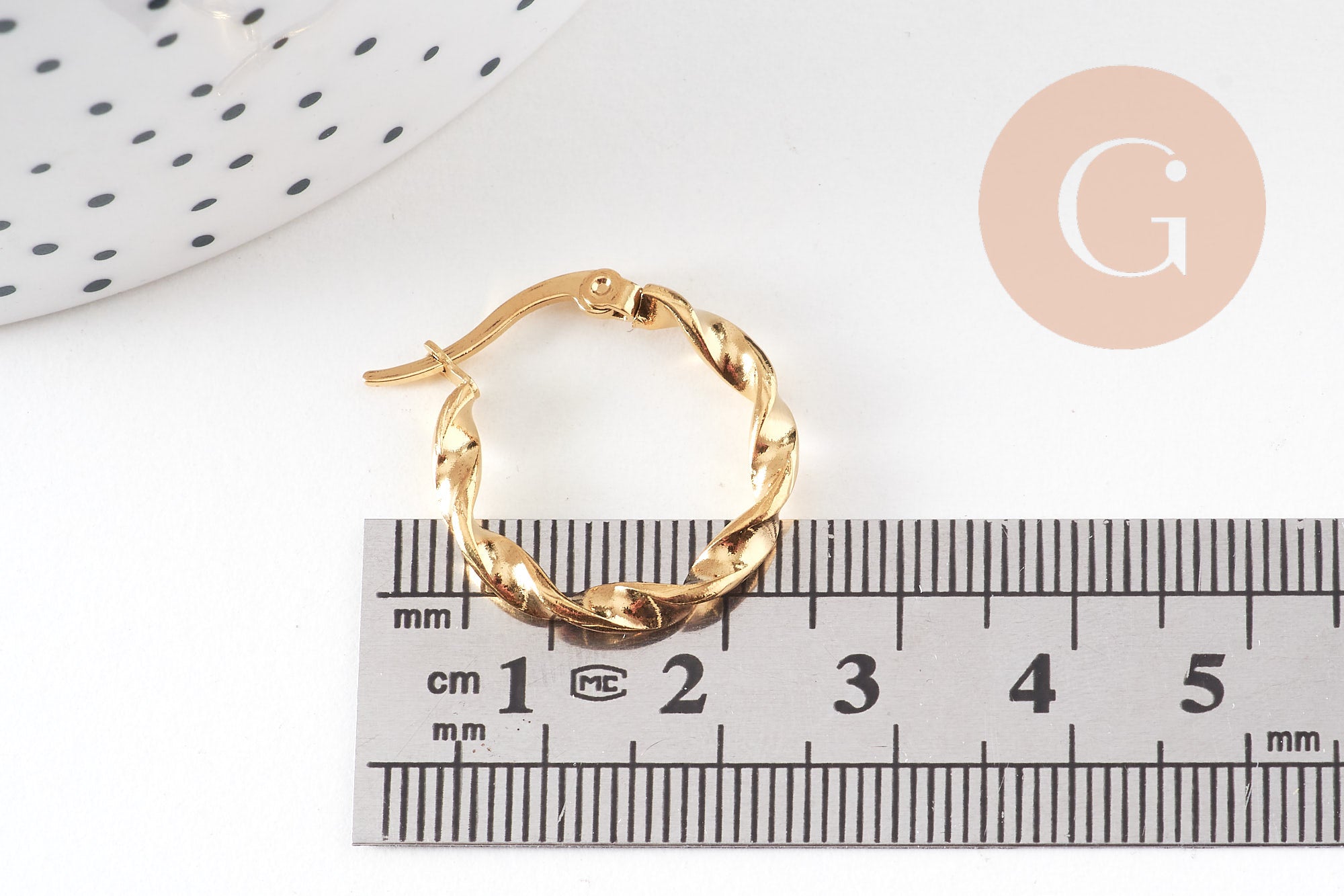 Créoles torsadées acier doré, oreille percée,sans nickel, boucles acier, 21mm, la paire (G0599)