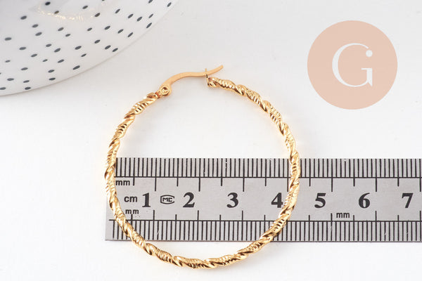 Créoles torsadées acier doré, oreille percée,sans nickel, boucles acier, 45mm la paire (G1187)