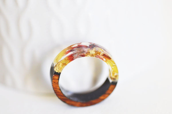 EP Bague ébène bois résine feuille d'or jaune 17.5mm, x1 (G1823)