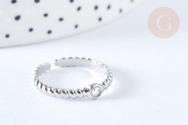 EP-Bague réglable fine zircon acier inoxydable argent 304 Taille 63, x1 (G7057)