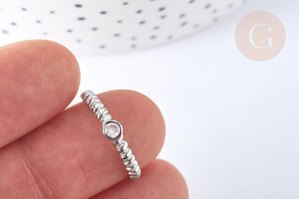 EP-Bague réglable fine zircon acier inoxydable argent 304 Taille 63, x1 (G7057)