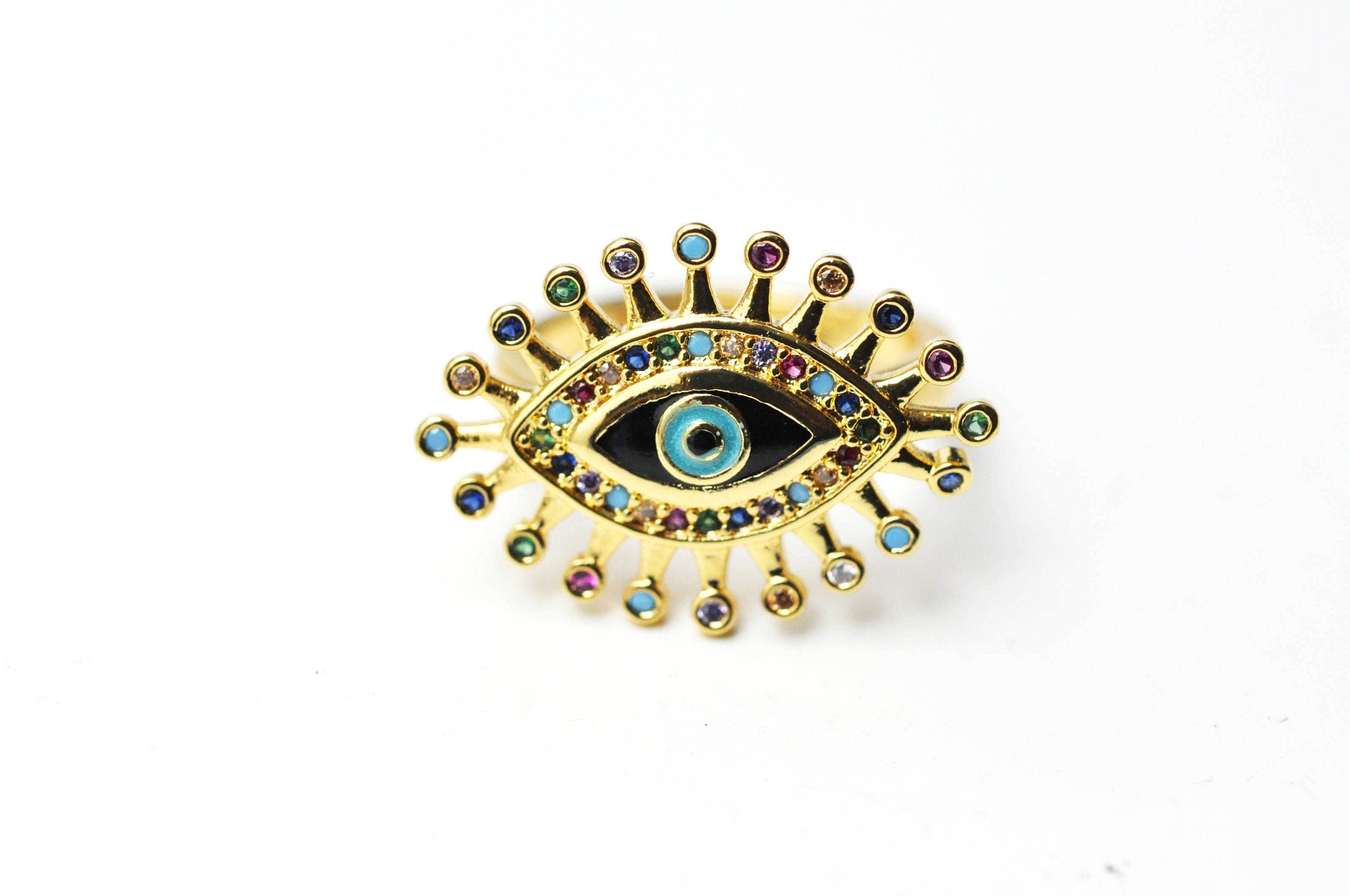 EP Bague réglable laiton doré émail oeil protecteur 17mm , x1 G4244