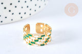 EP-Bague réglable maille croisée acier inoxydable doré émail blanc et vert Taille 54, x1 (G7001)