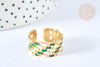 EP-Bague réglable maille croisée acier inoxydable doré émail blanc et vert Taille 54, x1 (G7001)
