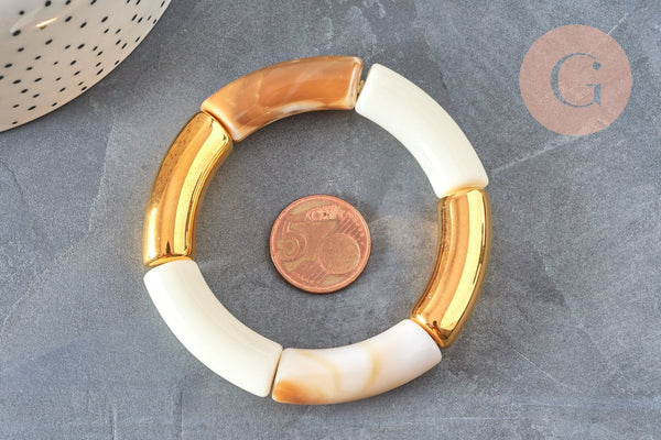 EP-Bracelet jonc élastiqué résine beige et or imitation pierre 50mm, x1 (G6927)