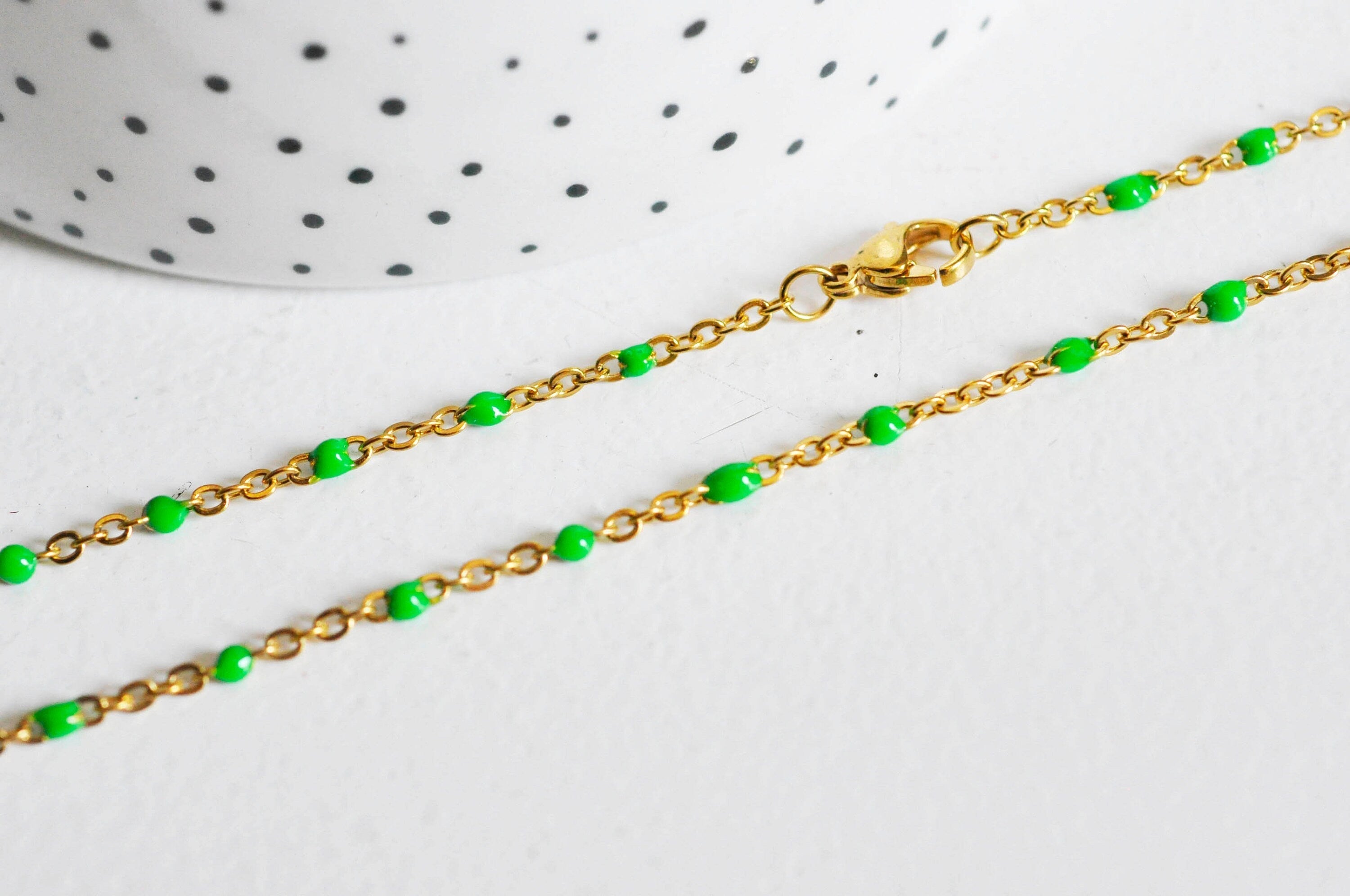 EP Bracelet ou collier acier doré 14k résine verte chaine doree, bracelet chaîne fine,création bijou,1.5mm,20.5cm, x1 G3600