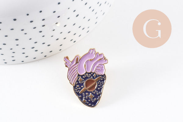 EP-Broche coeur noir violet mystique doré émail noir 29.5mm, x1 (G6377)