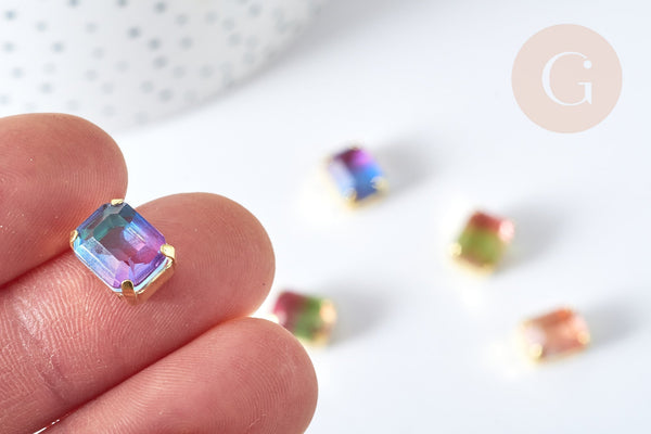 EP Cabochon cristal rectangle transparent dégradé avec serti en laiton doré 8x10mm, x1