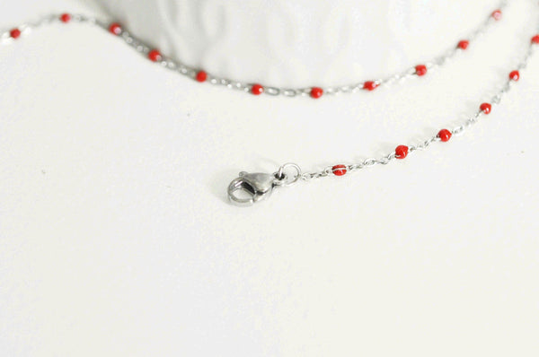 EP Chaine acier argenté résine rouge,chaine collier, création bijoux,chaine fantaisie,chaine sans nickel, chaine complète,2mm,45cm,G2398