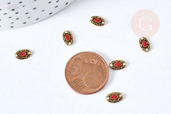 EP Charm à coller ovale zamac bronze émail blanc rouge 8mm, x5 (G8572)