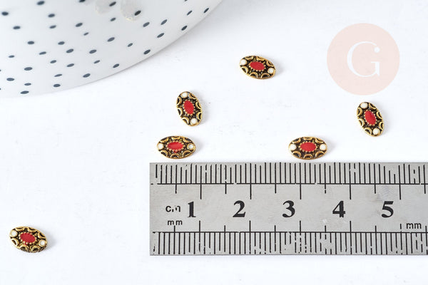 EP Charm à coller ovale zamac bronze émail blanc rouge 8mm, x5 (G8572)