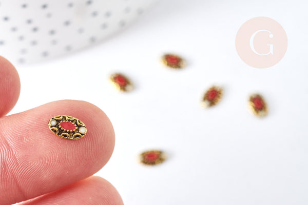 EP Charm à coller ovale zamac bronze émail blanc rouge 8mm, x5 (G8572)