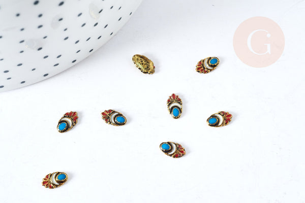 EP-Charm à coller ovale zamac bronze émail bleu et rouge 8mm, x5 (G8568)