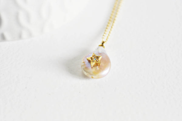 EP Collier chaine acier dorée 14k perle étoile, chaine fantaisie,collier sans nickel,perle naturelle, acier doré,chaine complète,2mm,42cm,G3421