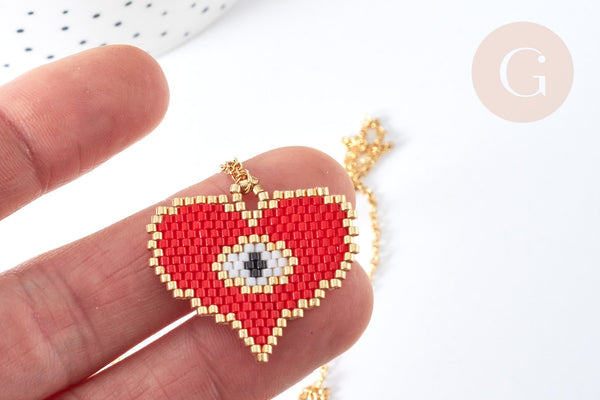 EP-Collier sautoir pendentif tissage coeur oeil protecteur perle de rocailles acier doré 50cm, cadeau pour femme, x1 G7687