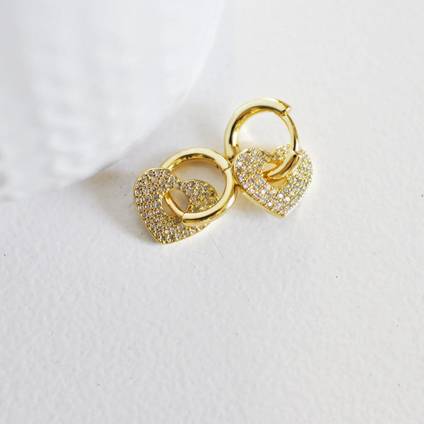 EP-Créoles laiton doré 16k coeur zircon cristal, bijoux doré, oreille percée,paire boucles cristal, 20mm,G3093