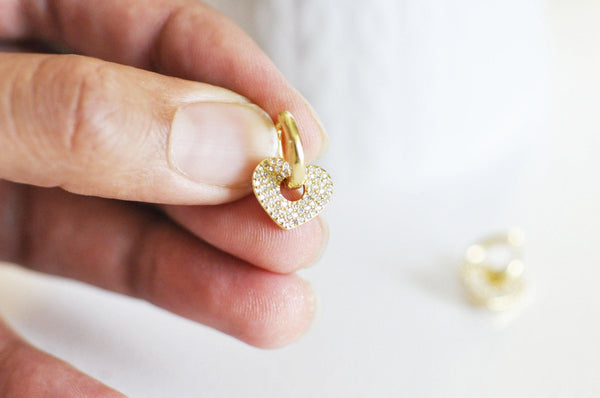 EP-Créoles laiton doré 16k coeur zircon cristal, bijoux doré, oreille percée,paire boucles cristal, 20mm,G3093