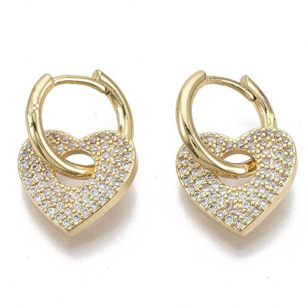 EP-Créoles laiton doré 16k coeur zircon cristal, bijoux doré, oreille percée,paire boucles cristal, 20mm,G3093