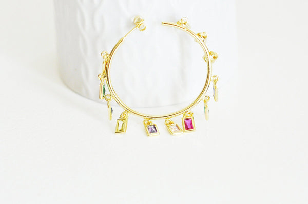 EP Créoles laiton doré 16k zircon cristal multicolore bijou doré, oreille percée, cadeau anniversaire,paire boucles cristal, 51mm,la paire,G018