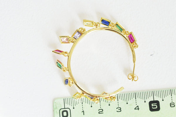EP Créoles laiton doré 16k zircon cristal multicolore bijou doré, oreille percée, cadeau anniversaire,paire boucles cristal, 51mm,la paire,G018