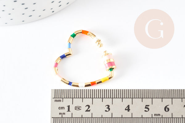 EP Fermoir à vis laiton doré 16k rayé coloré coeur 30.5mm, x1 (G4268)