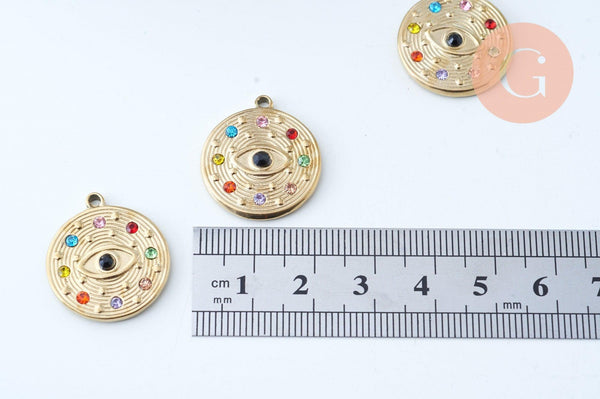 EP NPR Pendentif rond oeil acier doré inoxydable zircons multicolores 23mm, pendentif pour création de bijoux DIY, x1 G6035