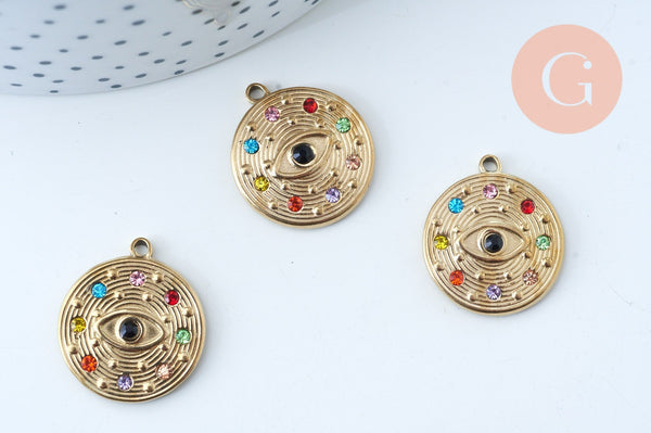 EP NPR Pendentif rond oeil acier doré inoxydable zircons multicolores 23mm, pendentif pour création de bijoux DIY, x1 G6035