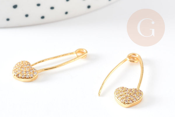 EP-Pendentif Epingle à nourrice coeur laiton doré 18k cristal 26.5mm,x1 (G3094)
