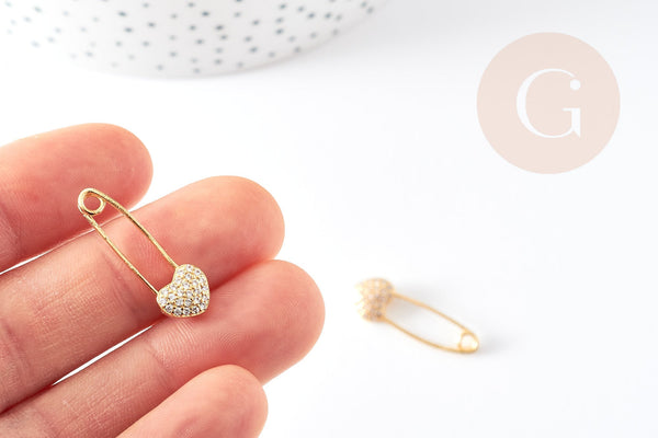 EP-Pendentif Epingle à nourrice coeur laiton doré 18k cristal 26.5mm,x1 (G3094)