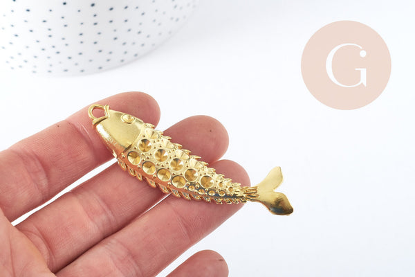 EP Pendentif Poisson Tibétain zamac doré à strasser 70mm, pendentif création bijoux x1 G8954